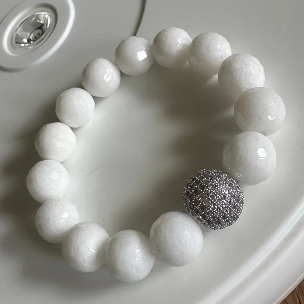 White Jade Statement Bracelet | 12mm Beaded Stretch | Silver Pavé Luxe Accent